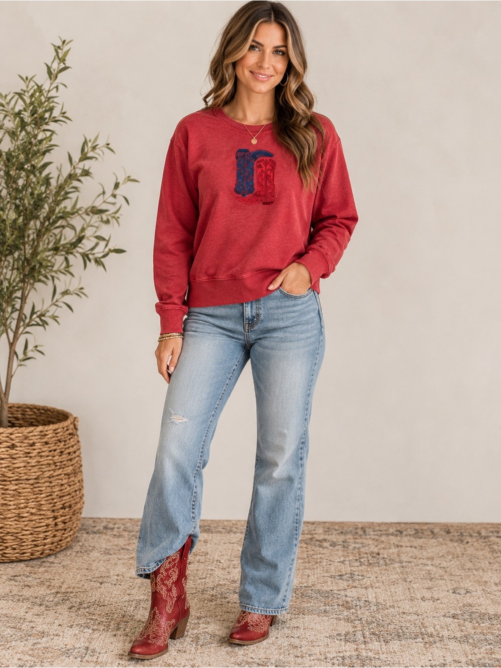 Boutique Sweatshirt With Embroidered Red & Blue Boots.